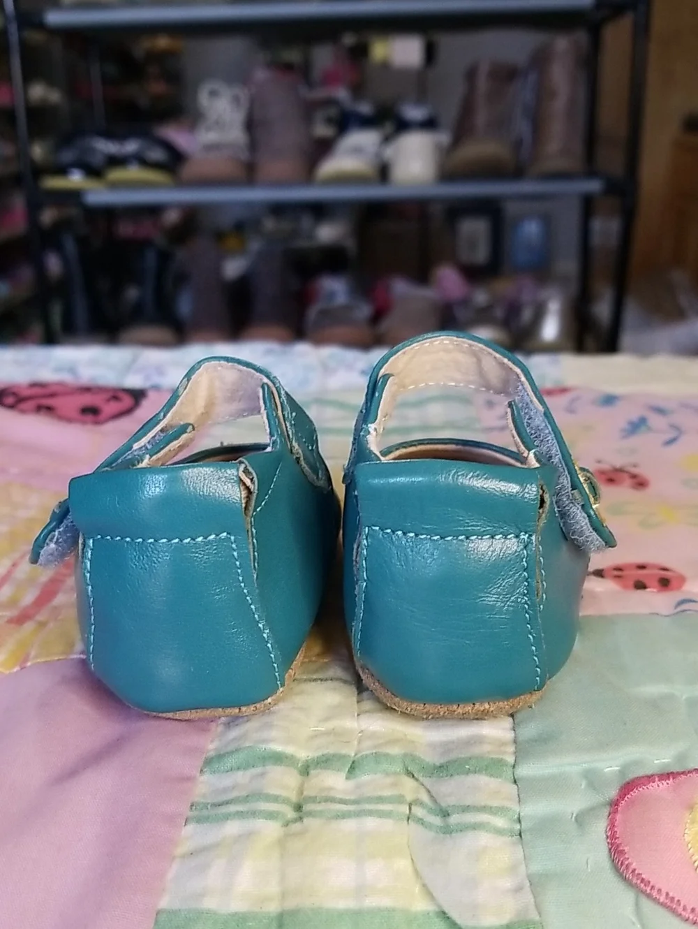Livie & Luca Teal Leather Mary Janes with Gold Glitter Bird 0-6 Month Pio Pio